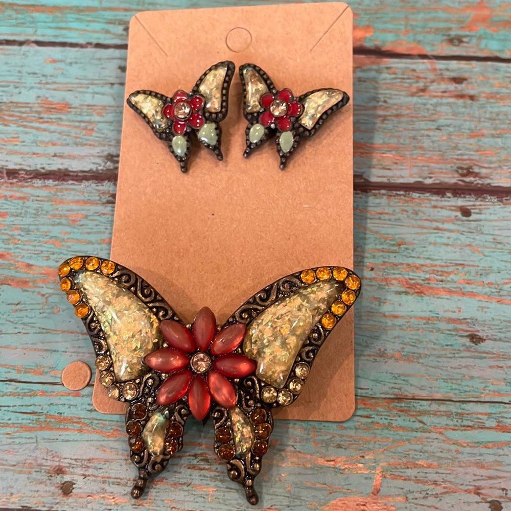 Vintage butterfly earrings and necklace slide